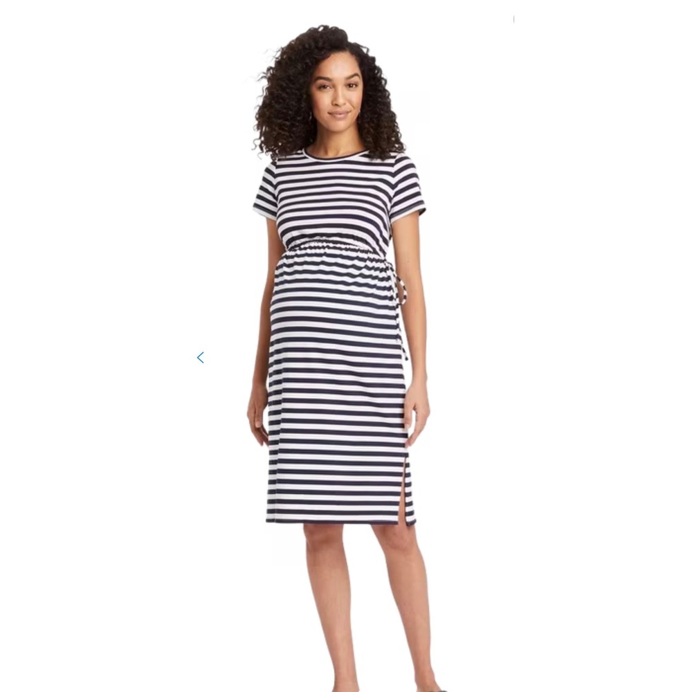 Isabel Maternity Ingrid & Isabel Navy White Stripe Tie Waist Maxi Dress XS NWT